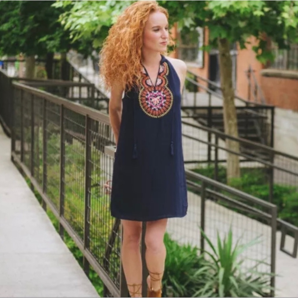 THML Boonie Embroidered Dress Sleeveless Sundress Tassels Lined Boho Sz MP